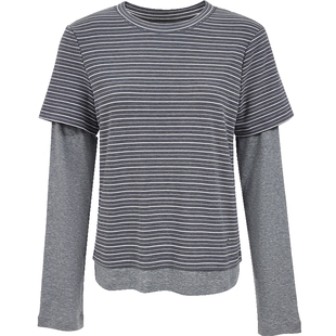 ONLY2026春季新款休闲风简约横纹设计圆领层叠长袖假两件T恤女