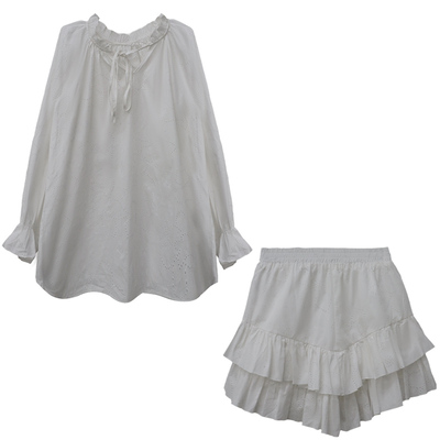 LONSLAN 25SUMMER 绑带娃娃衬衫+花边短裙套装