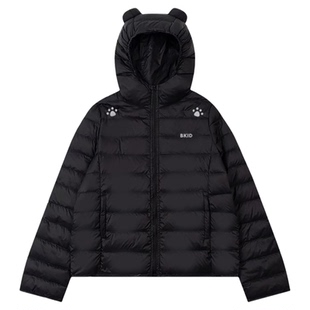 SREK新款甜酷小熊耳朵连帽排骨羽绒服黑色轻薄保暖外套男女冬季