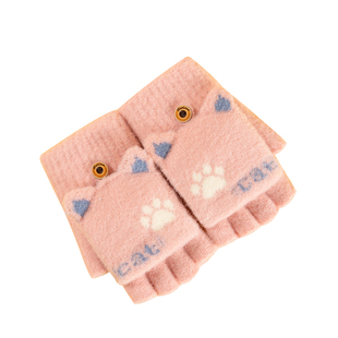 手套女冬季可爱卡通中小学生加绒保暖骑行半指翻盖露指儿童手套