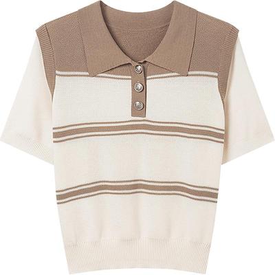 KBNE卡其色假两件新款短袖针织衫修身毛衫春夏新款气质上衣恤女