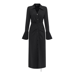 IDPAN连衣裙女V领收腰长袖A字长裙高级感裙子赠腰封春季新款