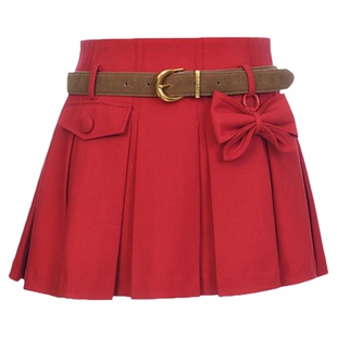 lefame拉飞姆2026春季新款时尚A字蝴蝶结挂饰褶裥半裙（配腰带）