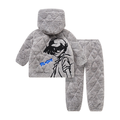 三层夹棉冬季男童加绒加厚家居服