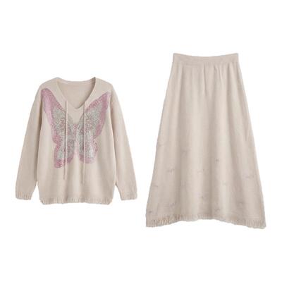 TCH2026春款烫钻蝴蝶米白色针织衫半身裙时尚套装女T78A07E1131