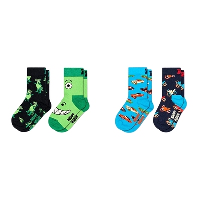 【新品】Happy Socks儿童袜童趣恐龙汽车摩托潮流袜子2双装中筒袜
