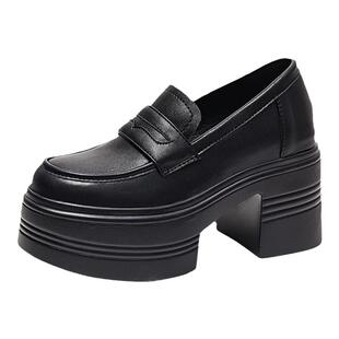 内增高12cm超高跟厚底真皮乐福鞋女黑色JK春秋英伦小皮鞋小码3233