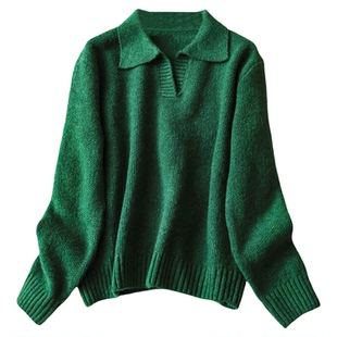 简约纯色翻领宽松慵懒套头毛衫冬季新款长袖休闲针织衫女毛衣Q382