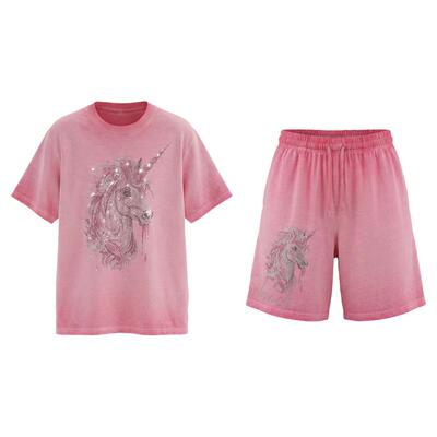 TCH烫钻独角兽做旧粉短袖T恤女宽松显瘦短裤休闲套装T78A07E1147