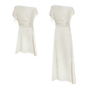 赵露思同款法式白色斜肩连衣裙女夏款修身显瘦高级感气质两件套装