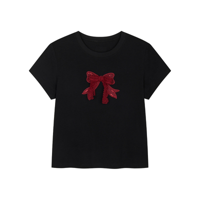 乌丫钉珠刺绣花边蝴蝶结T恤