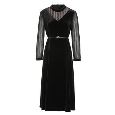 乔万尼秋装新品商场同款丝绒长袖连衣裙高级感重工蕾丝裙EI3E210