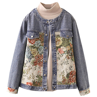 春秋大码200斤国风绣花拼接长袖翻领牛仔外套短款小个子上衣夹克