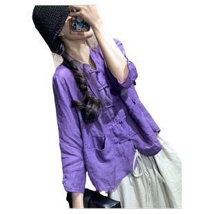 单件/套装棉麻女装复古文艺小立领盘扣开衫宽松衬衫阔腿裤两件套