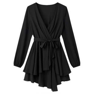 High Waist V-Neck Solid Color A-Line Dress纯色AV领字连衣短裙