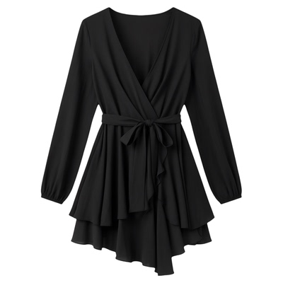 High Waist V-Neck Solid Color A-Line Dress纯色V领A字连衣短裙