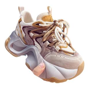 ins潮款老爹鞋女秋季新款25年单鞋系带真皮增高运动休闲鞋女韩版