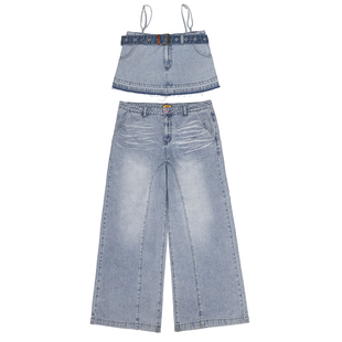 哟酷酷(流浪嬉皮士)美式复古牛仔吊带背心女时尚休闲牛仔套装女