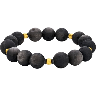 【情人节礼物】周大福锤纹珠方形钱币黑曜石足金黄金手串男士