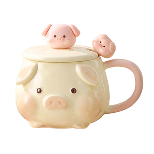 可爱猪猪杯釉下彩喝水杯子生日礼物高颜值带盖马克杯咖啡杯陶瓷杯