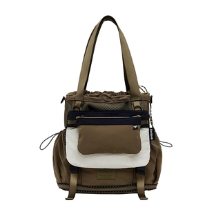 Desigual苔藓绿尼龙拼接多袋双肩手提单肩包