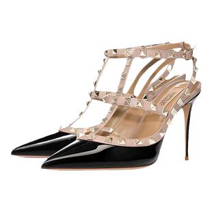 V家铆钉2025新款裸色高跟凉鞋两环真皮包头细跟尖头网红性感女鞋