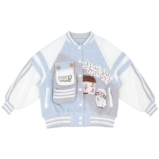 26冬学院手工钩针格子袖假两件流苏围巾蓝白灰宽松棒球服毛呢外套