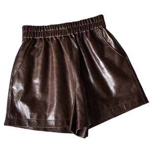 油蜡植鞣绵羊皮松紧腰简约基础款短裤女阔腿高腰真皮裤子2026春款
