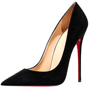 hltino2025年春季新款黑色高跟鞋12cm细跟性感尖头夜店绒面鞋子女