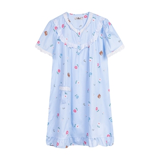 夏季纯棉睡裙梭织棉布妈妈睡衣女士加大码孕妇月子全棉短袖连衣裙
