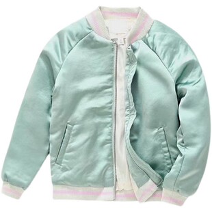 外单秋冬女中大童绿色绸缎刺绣蝴蝶棒球服夹克外出服夹棉外套2-15