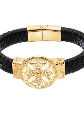 时来运转黑色皮绳手链男款霸气长城纹十字架手牌转运手链本命年