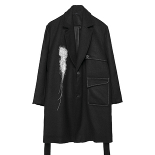 潮男原创设计英伦港风个性抽象艺术感刺绣花中长款冬季毛呢大衣男