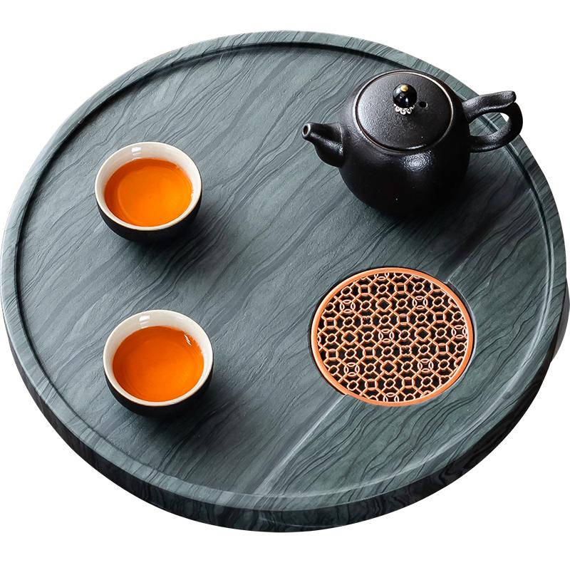 茶台圆形天然木纹石直排水茶盘