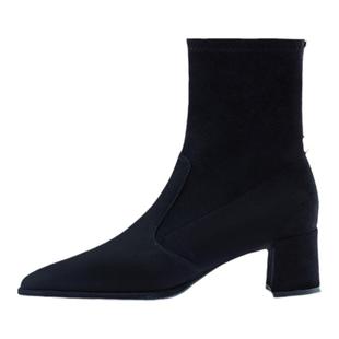 赵露思同款7or9短靴女鞋秋冬高跟粗跟尖头弹力靴子瘦瘦靴黑森林