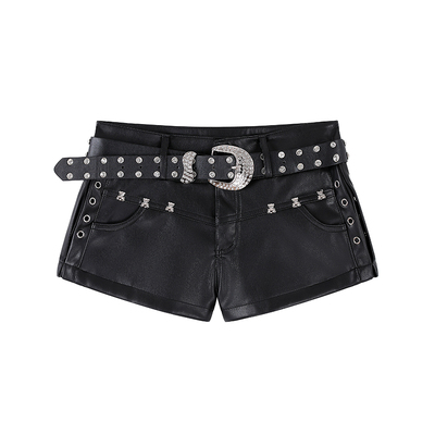 F PROJECT【复古朋克】重工金属朋克超短黑色皮裤（内里薄绒