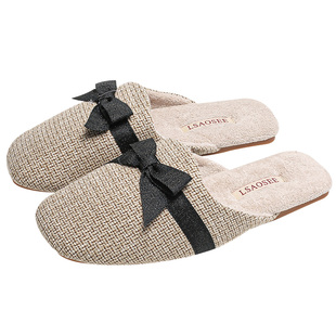 秋季新款法式小方头甜美亚麻拖鞋女情侣薄绒防滑牛筋底轻声居家男