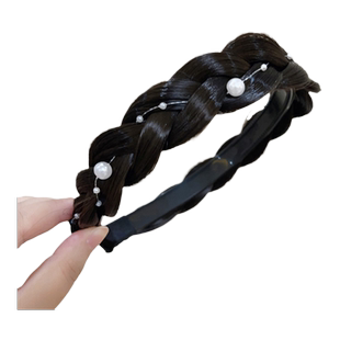 新款鱼骨辫假发发箍一体三股辫带珍珠新款发捆麻花辫刘海韩版头箍