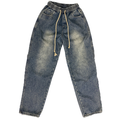 冬季加绒潮牌ins水洗蓝色牛仔裤