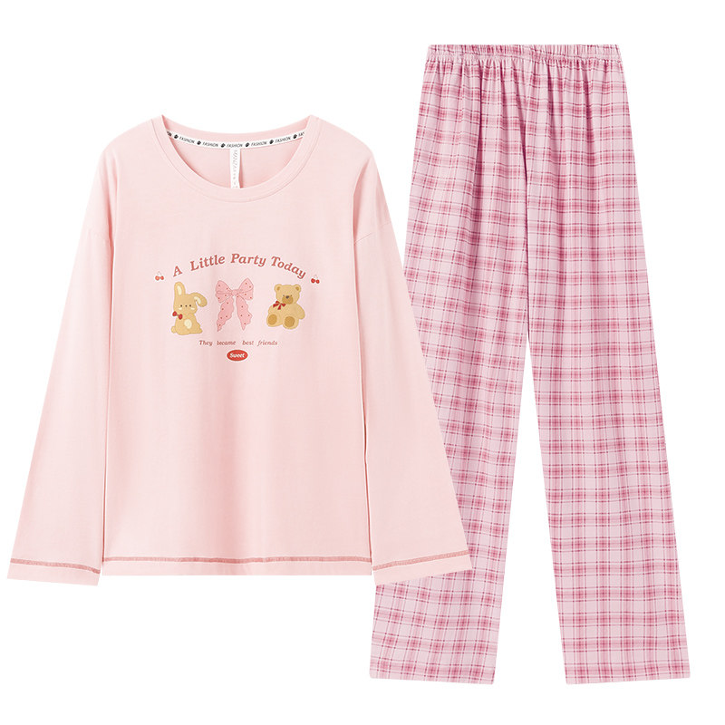 睡衣女带胸垫纯棉长袖家居服套装