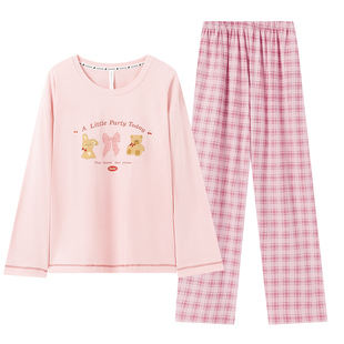 玛伦萨纯棉睡衣女款2025新款带胸垫长袖圆领套头家居服套装春秋