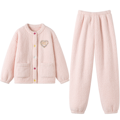 红豆居家女士羊羔绒睡衣套装开衫可外穿珊瑚绒家居服女抗静电冬季