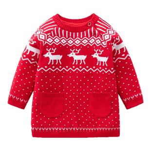 AuroMesa婴儿圣诞服冬季针织裙女宝大红麋鹿加绒连衣裙帽子姐弟装