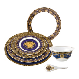 Versace范思哲蓝色美杜莎金色镶边宫廷风欧式高端套装餐具礼盒