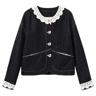 西町村屋短款夹克女装2025秋新款蕾丝花边拼接牛仔外套XAAC10712