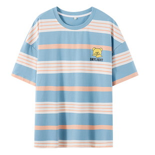 学生短袖t恤条纹女纯棉少女15岁初中生夏季半袖宽松上衣圆领体恤