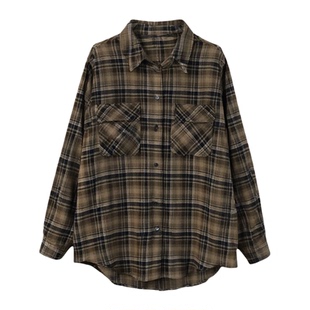 TANG美式复古格子衬衫女2025秋冬新款宽松磨毛百搭长袖衬衣外套潮