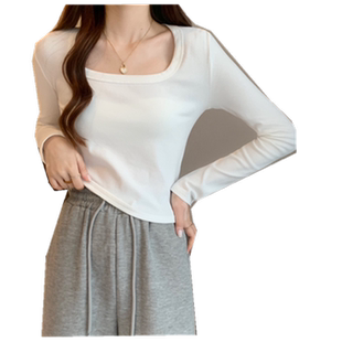 2024春秋新款修身长袖t恤小衫上衣欧货螺纹短款方领短款打底衫女