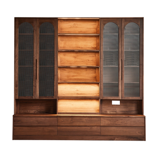 黑胡桃木书柜一体整墙展示柜客厅家用卡座书柜组合实木储物柜落地