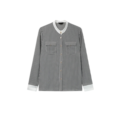 白鹿语通勤长袖条纹拼接衬衫